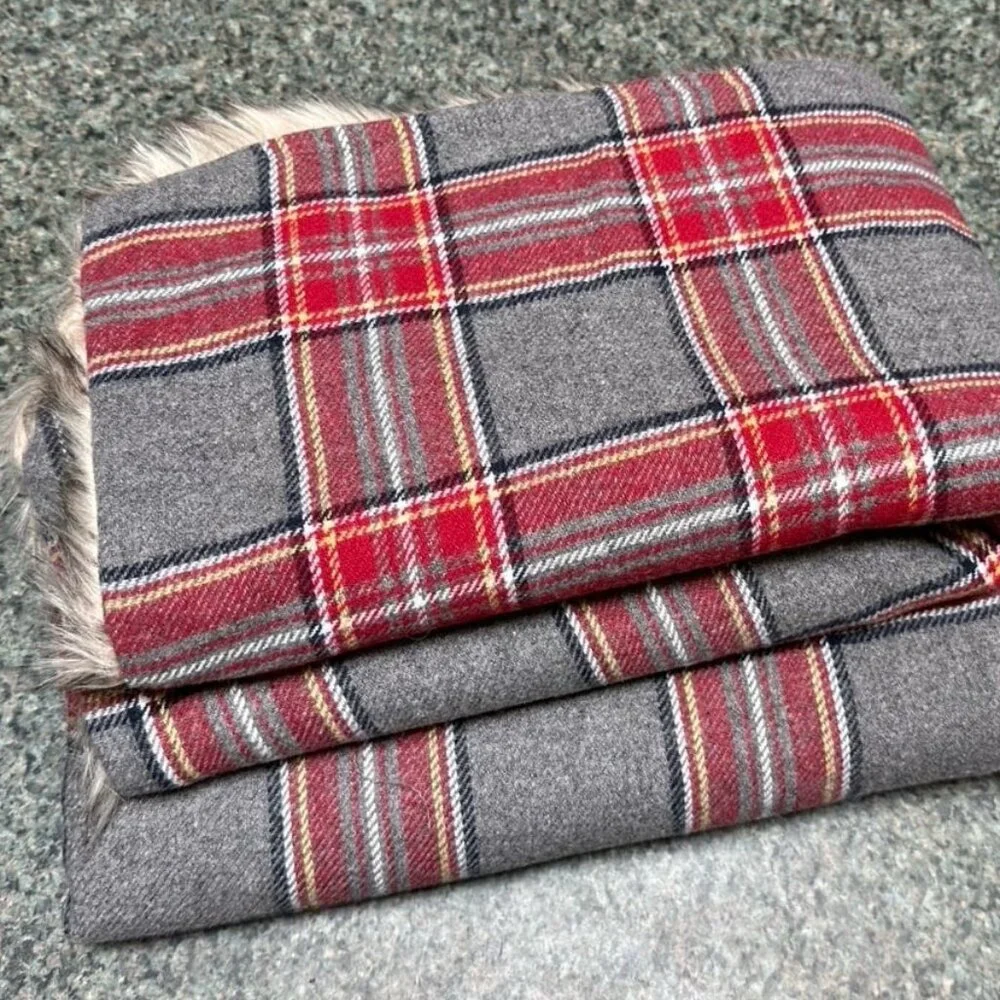 (2) Pottery Barn Nottingham plaid/faux fur pillow covers 16x26”